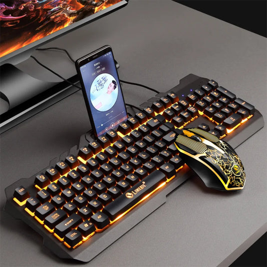 Ensemble clavier et souris d'ordinateur rétroéclairé T21, clavier ergonomique filaire avec support de téléphone Gamer Keyboard pour tablette de bureau